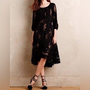 Anthropologie Maeve Iniga Swing Midi Dress Lace Black/Nude 3/4 Sleeve Size 0